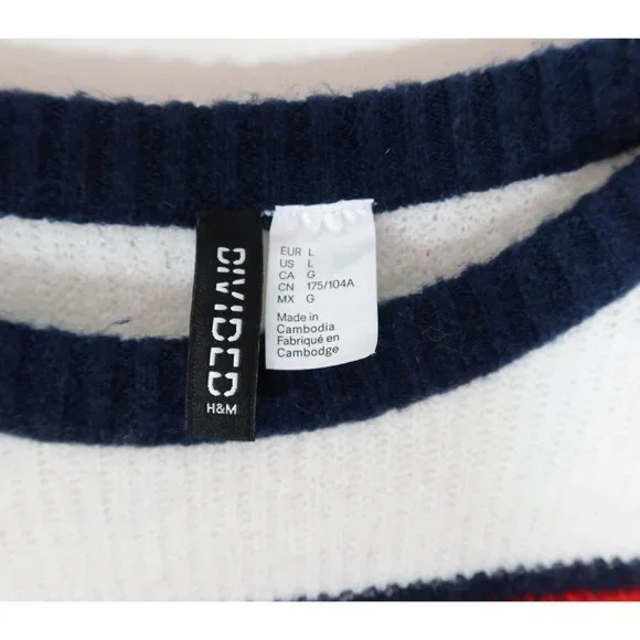 DIVIDED BY H&M Size L Red White Navy Blue Striped Cropped Pullover Sweater - Picture 5 of 5